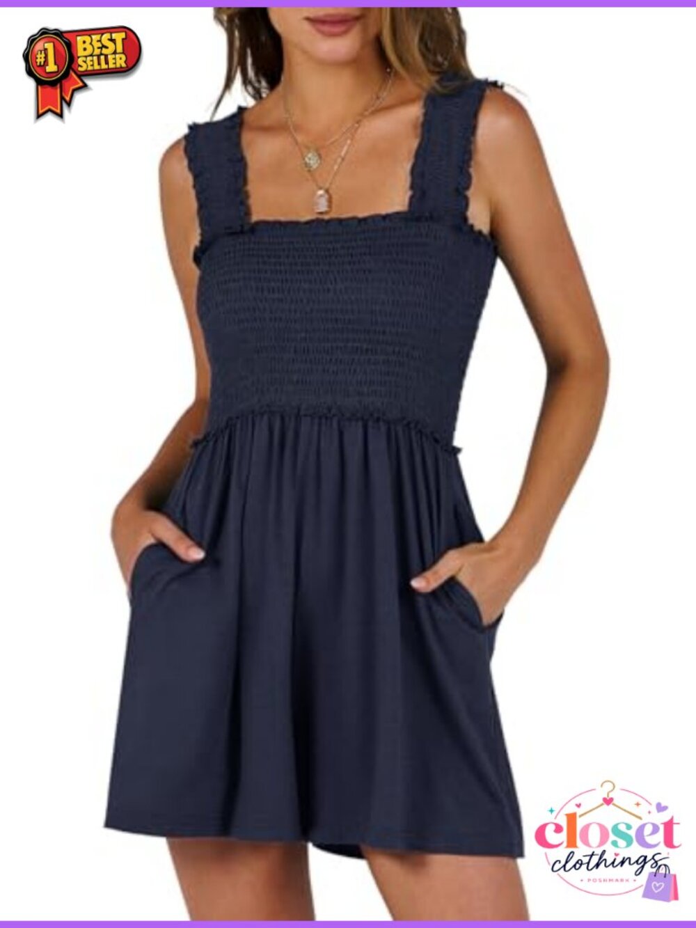 Smocked Backless Romper with Ruffled Straps and Pockets